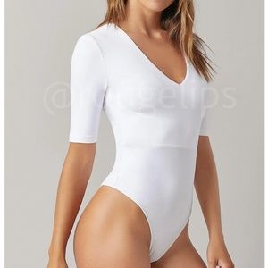 White V-Neck Slim Fit Bodysuit Half Sleeve Stretchy